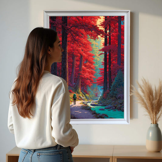 A woman standing in front of a large white framed nature print of a colorful autumn trail in a modern, bright living room.