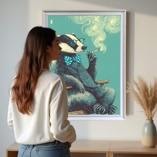 Large vertical white framed badger print on a gallery wall with a woman viewing it, demonstrating scale for home office or bedroom art