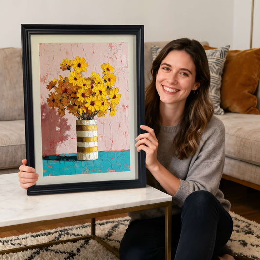 A woman holding a black framed textured floral painting in a bright living room with neutral decor.