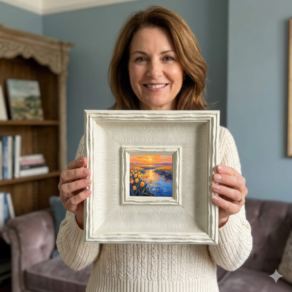 A small framed painting depicting a sunset over a field of yellow flowers and a blue river. The painting is in a white textured frame. The artwork is held by a person wearing a cream-colored sweater.