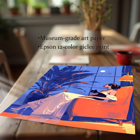 A close-up, angled view of a giclee print on museum-grade art paper. The print shows a woman and a black cat sitting in a bright orange chair.