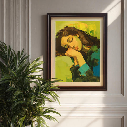 A wall art print with a coffee-colored frame is hanging on a paneled white wall, with sunlight casting a shadow across the artwork. A large green potted plant is in the foreground to the left. The painting is an abstract portrait of a sleeping woman.