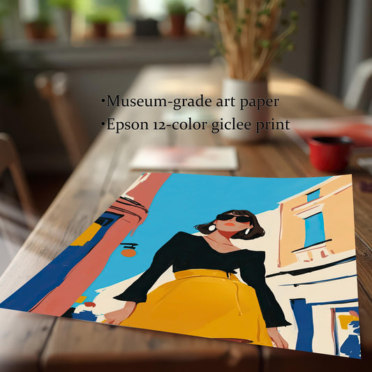 A close-up shot of an unframed art print lying on a rustic wooden table. The art depicts a stylish woman in a black shirt and a vibrant yellow skirt standing on a street. Text on the image highlights the quality of the print: "Museum-grade art paper" and "Epson 12-color giclee print."