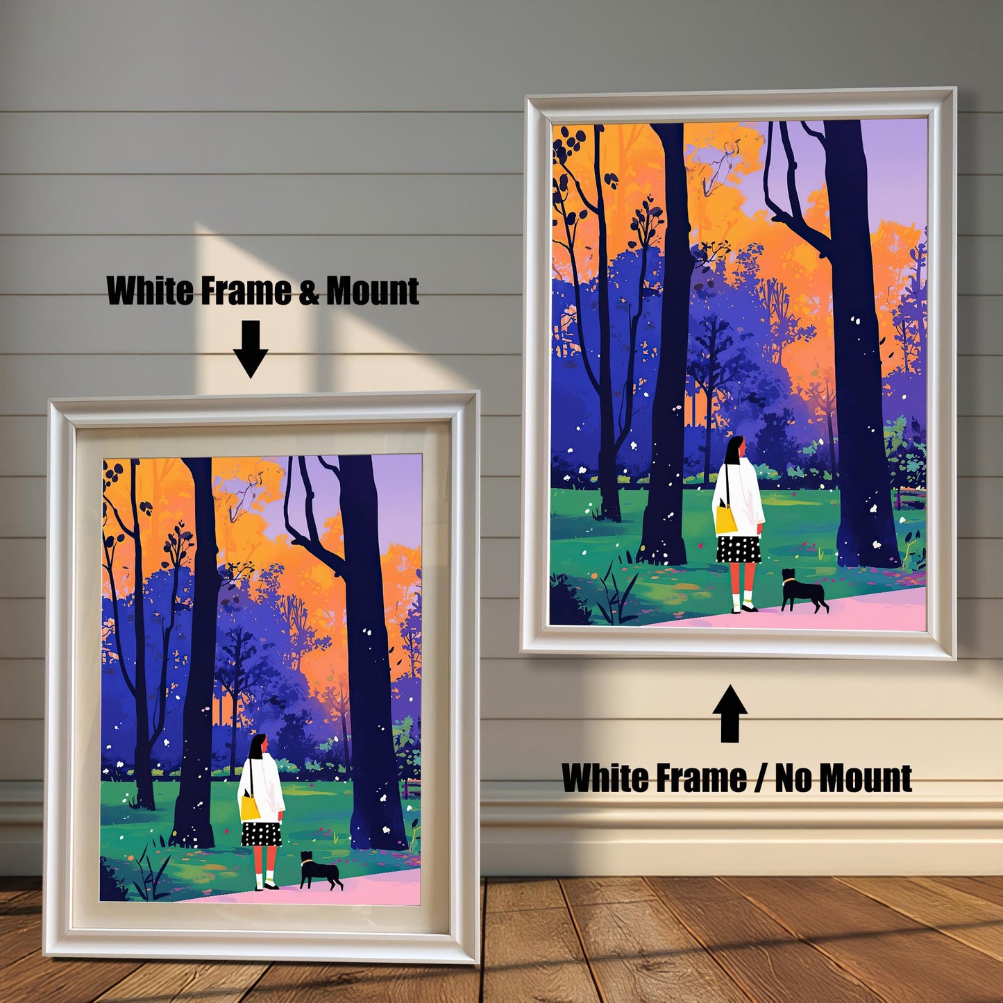 A split image showing two different framing options for the same artwork. On the left, a framed print with a white frame and a white mat (mount) is labeled "White Frame & Mount." On the right, the same print is shown in a white frame without a mat, labeled "White Frame / No Mount." Both images are against a rustic wood-paneled wall. The art depicts a woman and a small black dog walking through a park with colorful trees.