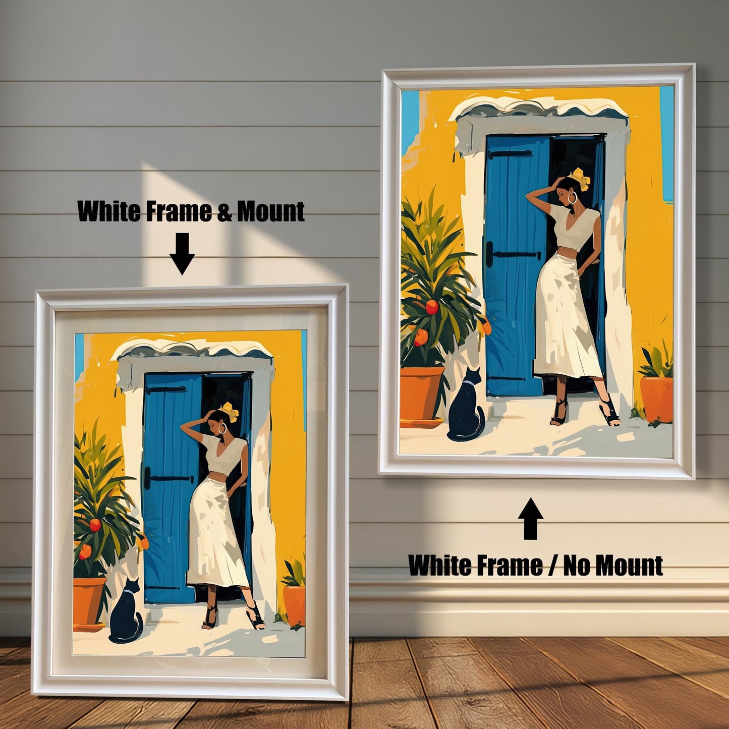 A product comparison showing two versions of the same artwork side-by-side. On the left, the print is in a white frame with a white mount. On the right, the print is in a white frame without a mount. The text "White Frame & Mount" and "White Frame / No Mount" points to the respective images.