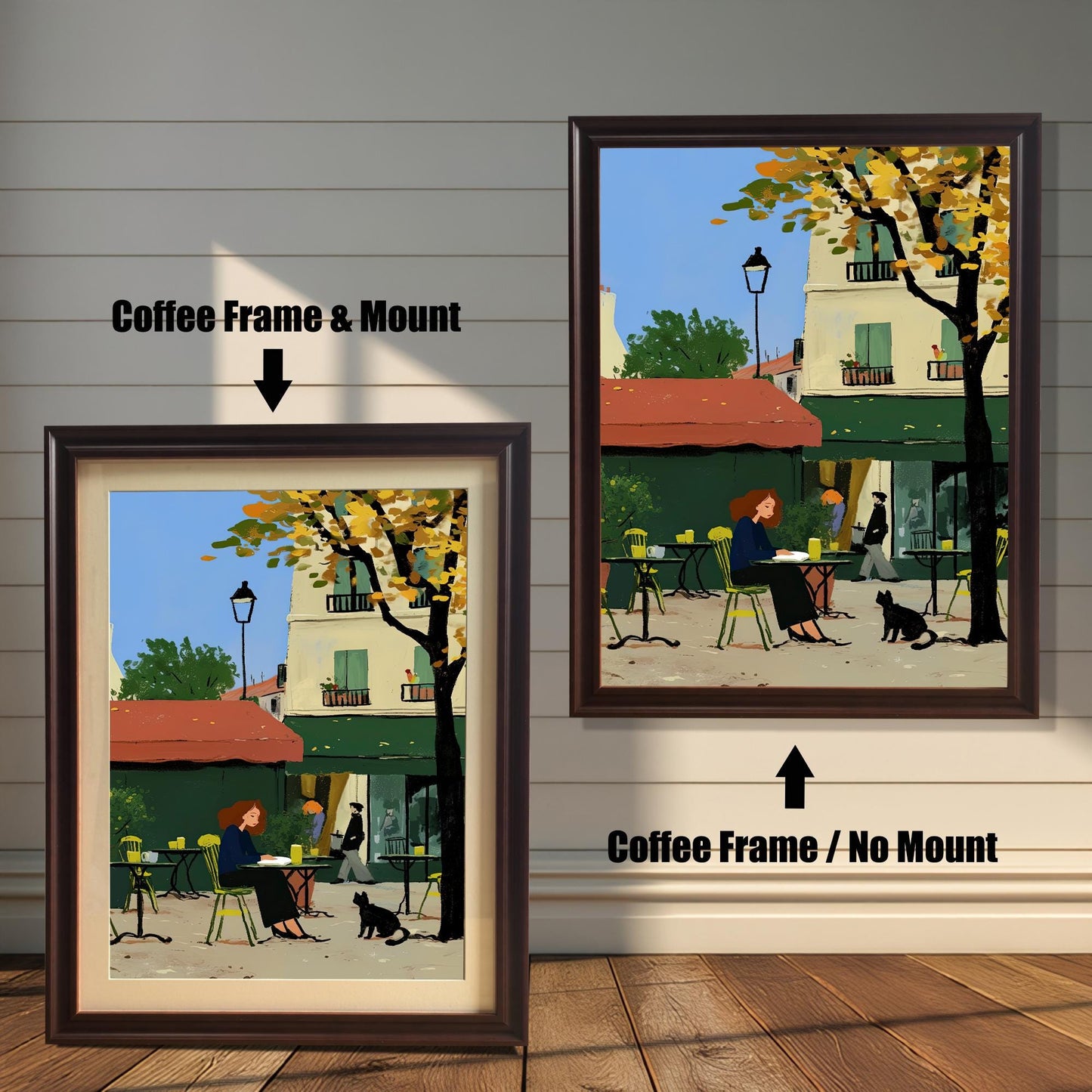 A product comparison showing two versions of the same artwork side-by-side. On the left, the print is in a coffee-colored frame with a white mount. On the right, the print is in a coffee-colored frame without a mount. The text "Coffee Frame & Mount" and "Coffee Frame / No Mount" points to the respective images.