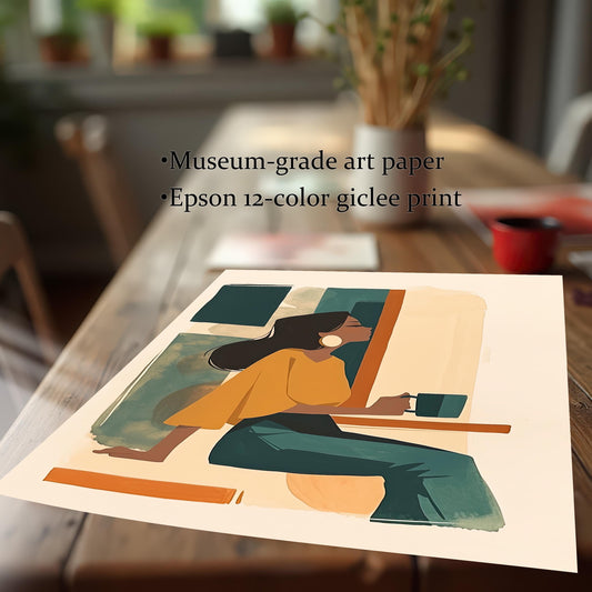 Close-up of an unframed art print on a wooden table, highlighting the high-quality museum-grade paper and Epson 12-color giclée printing. The artwork features an abstract illustration of a woman.