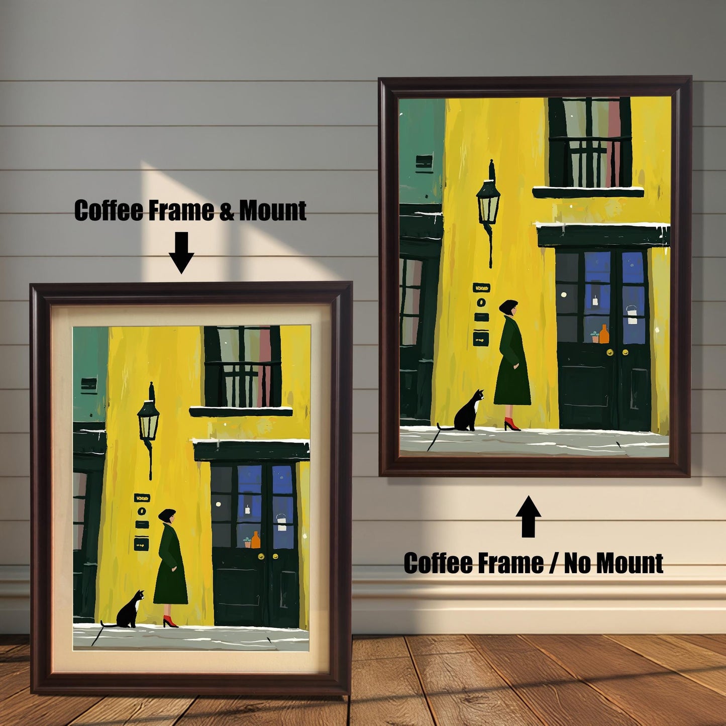 Two framed versions of the wall art print are shown against a white wooden wall. The image on the left, labeled "Coffee Frame & Mount," shows the print with a mat inside a coffee-colored frame. The image on the right, labeled "Coffee Frame / No Mount," shows the print directly framed in coffee without a mat.