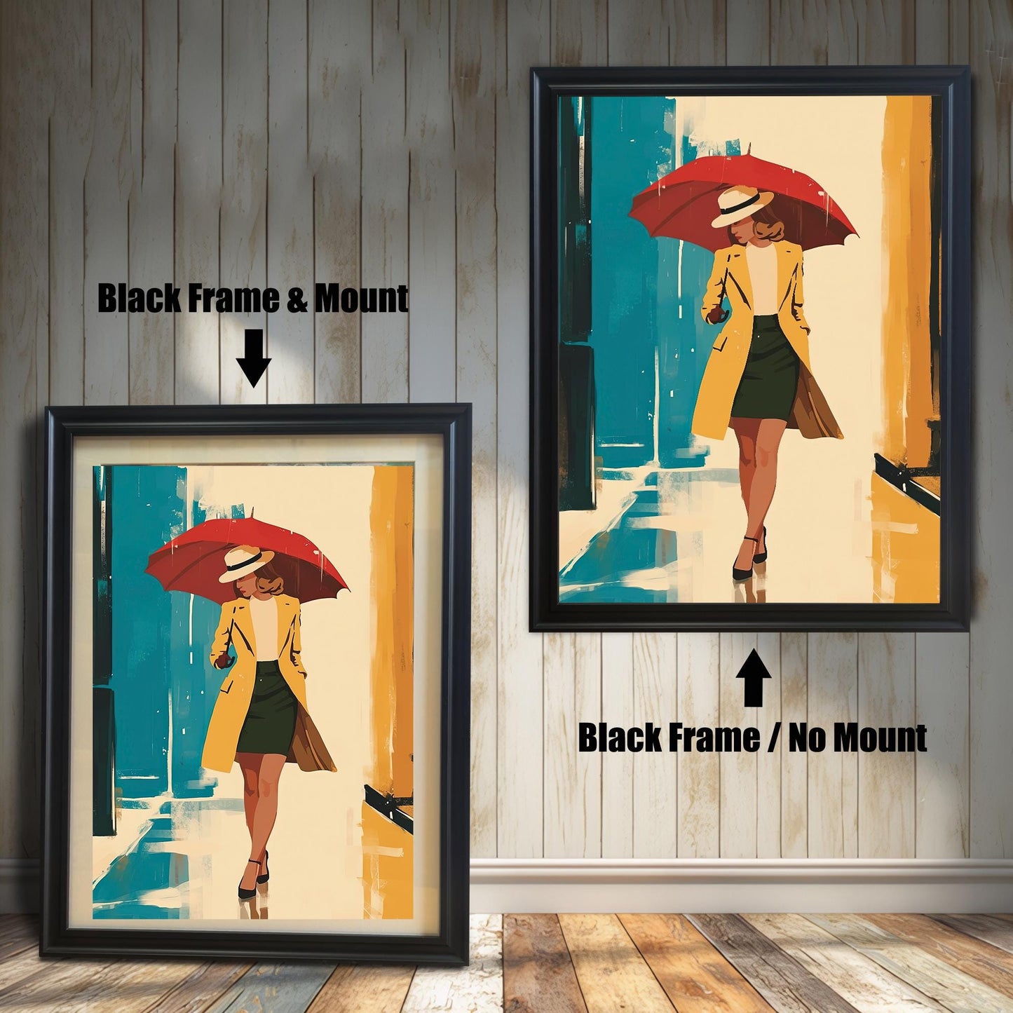 A product comparison showing two versions of the same artwork side-by-side. On the left, the print is in a black frame with a mount. On the right, the print is in a black frame without a mount. The text "Black Frame & Mount" and "Black Frame / No Mount" points to the respective images.