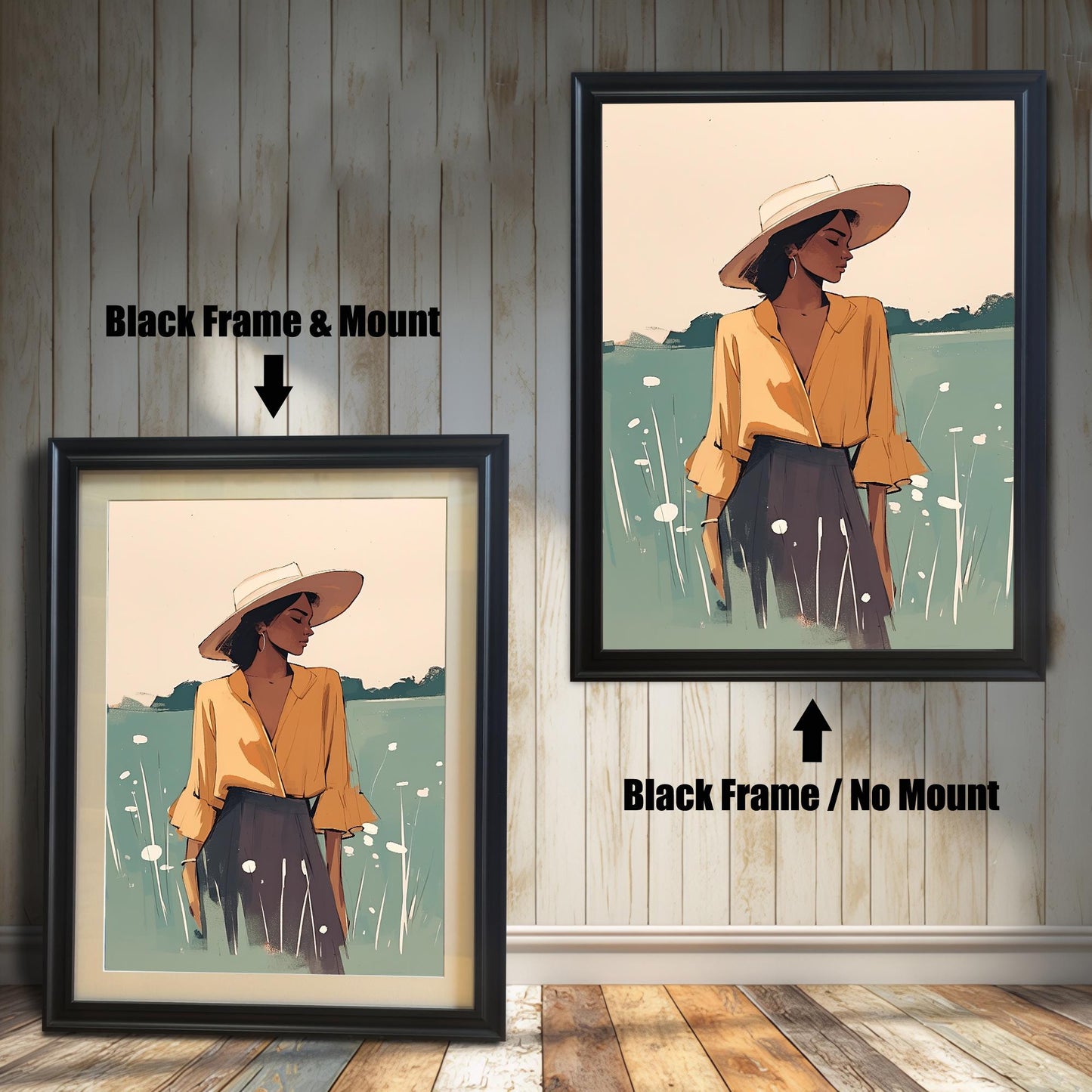 Black framed wall art print of a woman with a hat in a meadow. The image shows two options: one with a white matboard and one without, highlighting the versatility of the print.