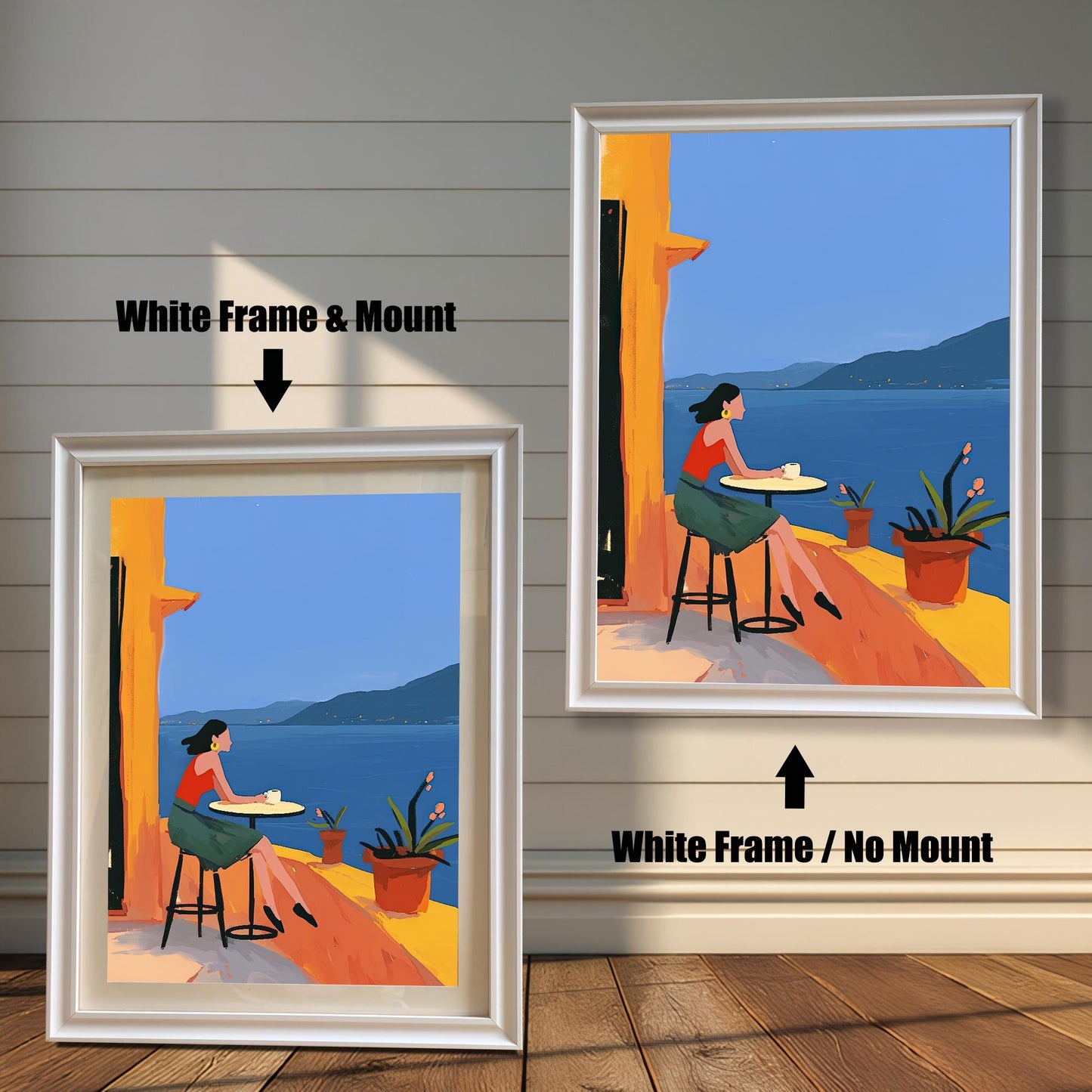Comparison of a white-framed wall art print with a mount (left) and without a mount (right). The print features a woman on a balcony overlooking the ocean.
