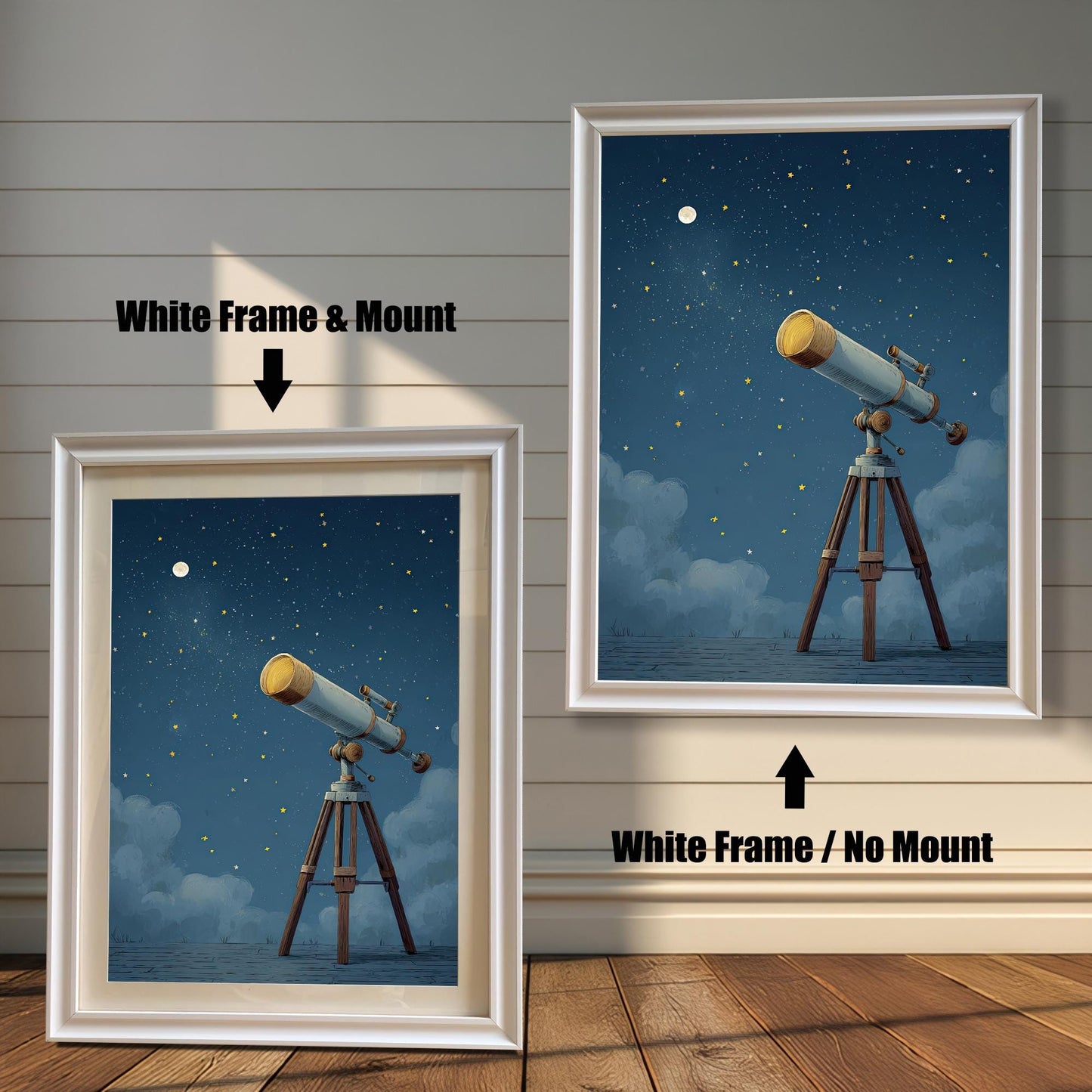 A framed print of a telescope under a starry sky, displayed in two different **white wood frames**. One has a white mat, and the other does not. This versatile wall art is ideal for a child's room, nursery, or as a gift for a space enthusiast.