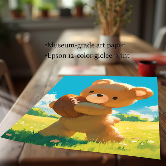 A wall art print of a cute brown teddy bear holding a football is shown lying on a wooden table. The image includes text highlighting its quality: "Museum-grade art paper" and "Epson 12-color giclee print."