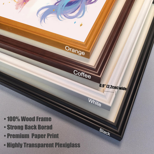 A close-up, angled view of four stacked wood frames in different colors: black, white, coffee, and orange. The image highlights the 0.9" wide frame profile and includes text describing the product as a "100% Wood Frame," "Strong Back Board," "Premium Paper Print," and "Highly Transparent Plexiglass."