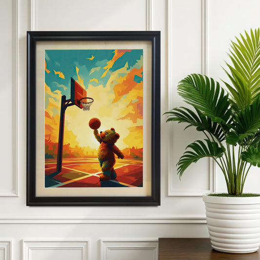A teddy bear playing basketball wall art print in a black wood frame hanging on a white wall. The print features a bear on a colorful court at sunset. There is a large green potted plant to the right.