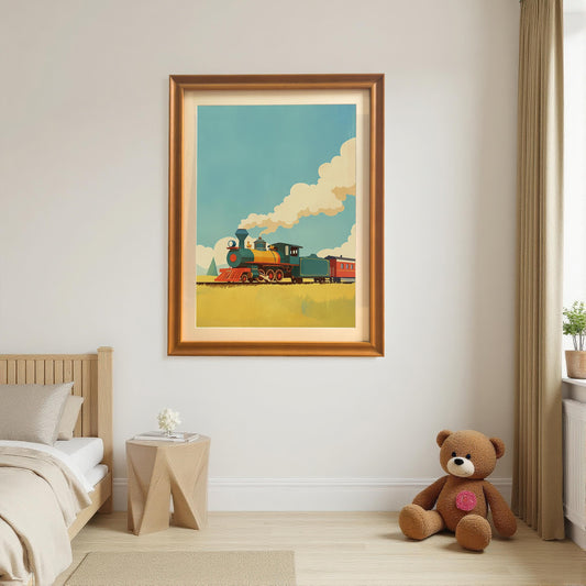 A large, orange wood framed art print of a vibrant train, hanging on a bedroom wall. A large teddy bear sits on the floor below the print.