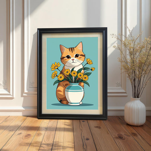 A **black wood framed** art print of a charming ginger cat next to a vase of yellow flowers. The print is leaning on a wood floor against a white paneled wall, with a decorative vase next to it.