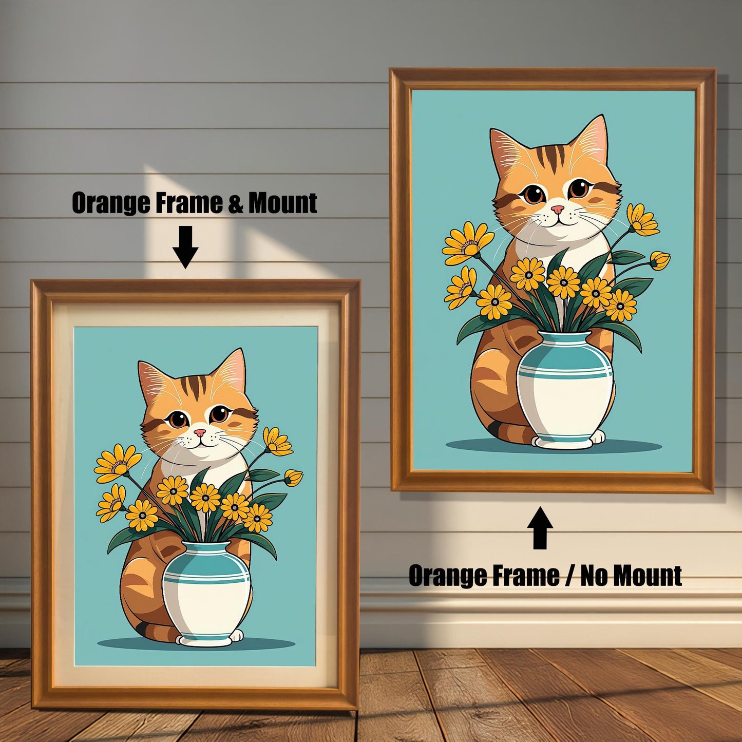 A set of two art prints featuring an adorable cat with a vase of sunflowers. The print on the left is in an **orange wood frame with a mount**, while the one on the right is in an **orange wood frame with no mount**. Both prints are shown against a wood wall.