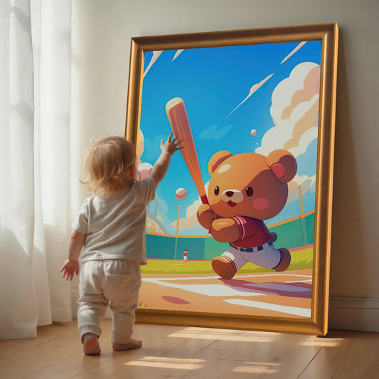 A baby stands on a wooden floor, reaching out to touch a large framed print of a cartoon bear holding a baseball bat, leaning against a wall.