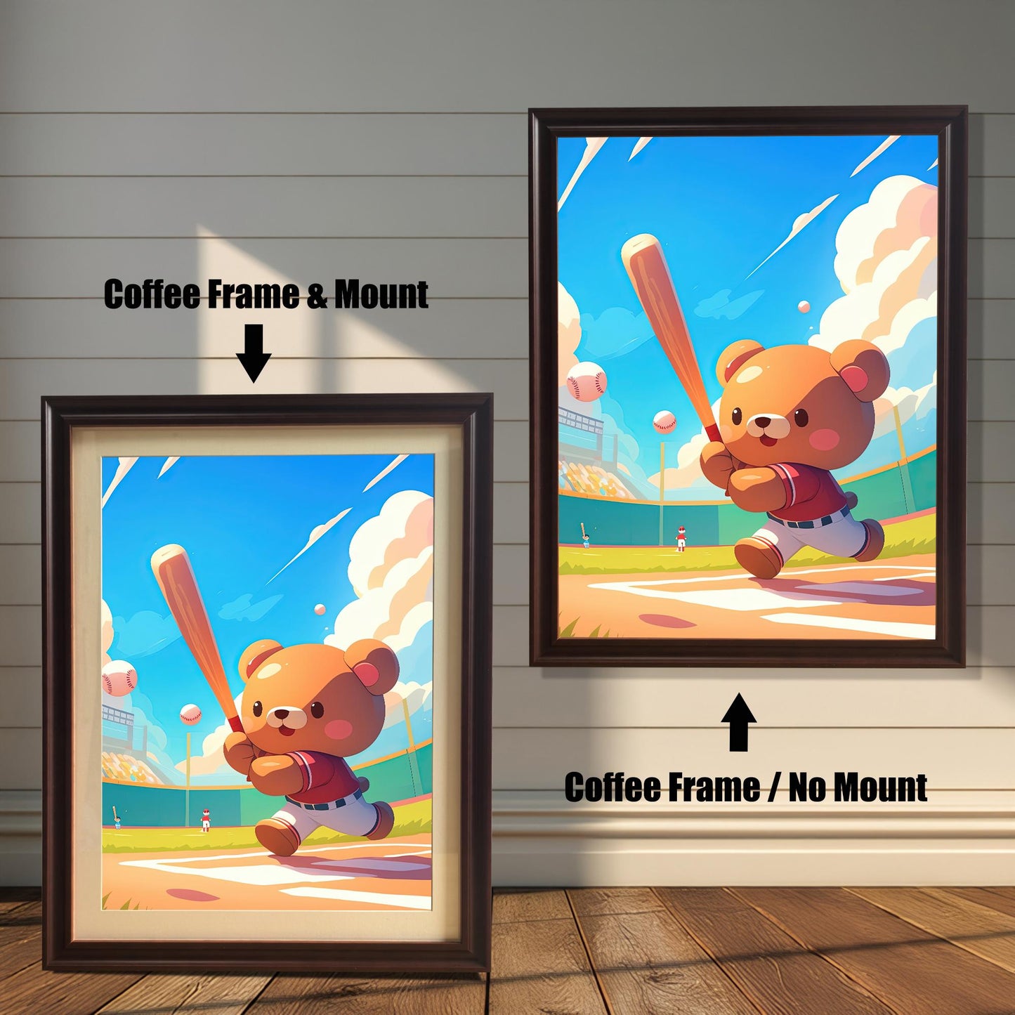 Two framed prints of a baseball-playing bear on a white wood-paneled wall. The one on the left has a coffee-colored frame with a mount. The one on the right has a coffee-colored frame with no mount.