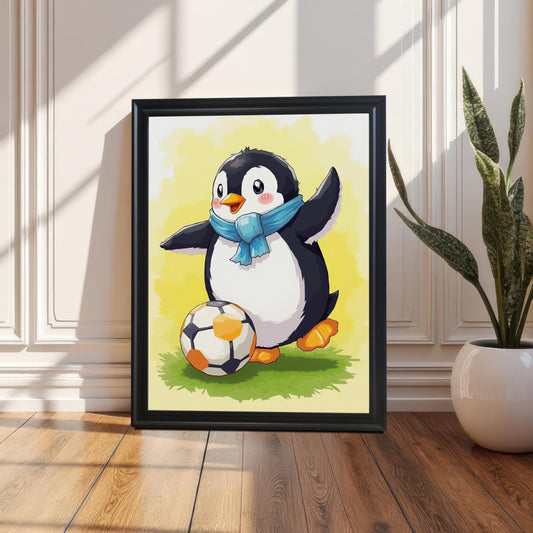 A black-framed print of a penguin playing soccer leaning on the floor against a white paneled door, with a green houseplant in the bottom right corner.