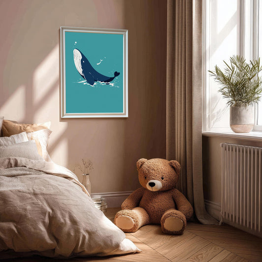 A white-framed print of a whale hangs on a wall in a bedroom setting with a teddy bear on the floor.