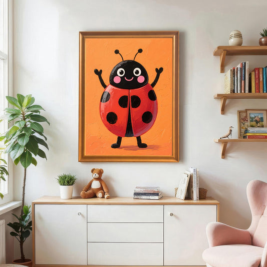 An orange-framed wall art print of a cute ladybug hanging on a white wall above a wooden console table. The scene includes a teddy bear, books, and other decorative items.