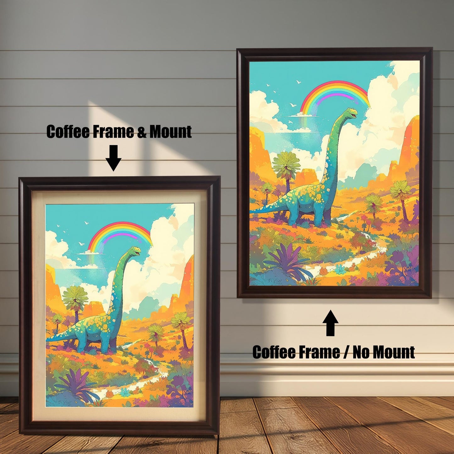 Two coffee-colored wood-framed wall art prints featuring a long-necked dinosaur under a rainbow. The print on the left includes a beige mount (matting), while the print on the right does not.