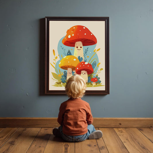 A small child with blond hair sits on a wooden floor, facing away from the camera, looking at a framed print of happy mushrooms on a blue-gray wall.