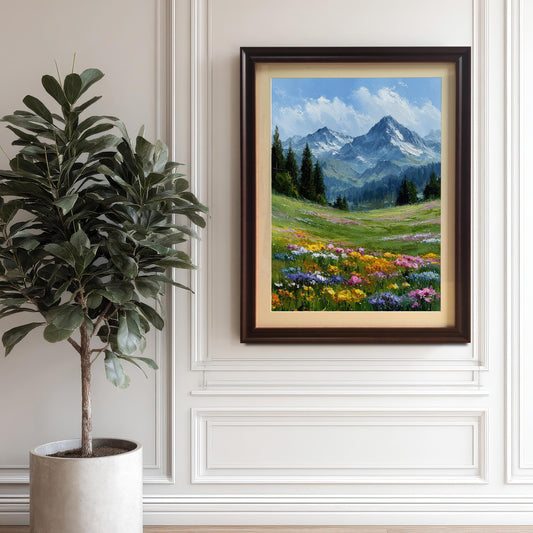 A framed painting of a mountain landscape with a field of colorful wildflowers hangs on a white paneled wall next to a large potted plant.