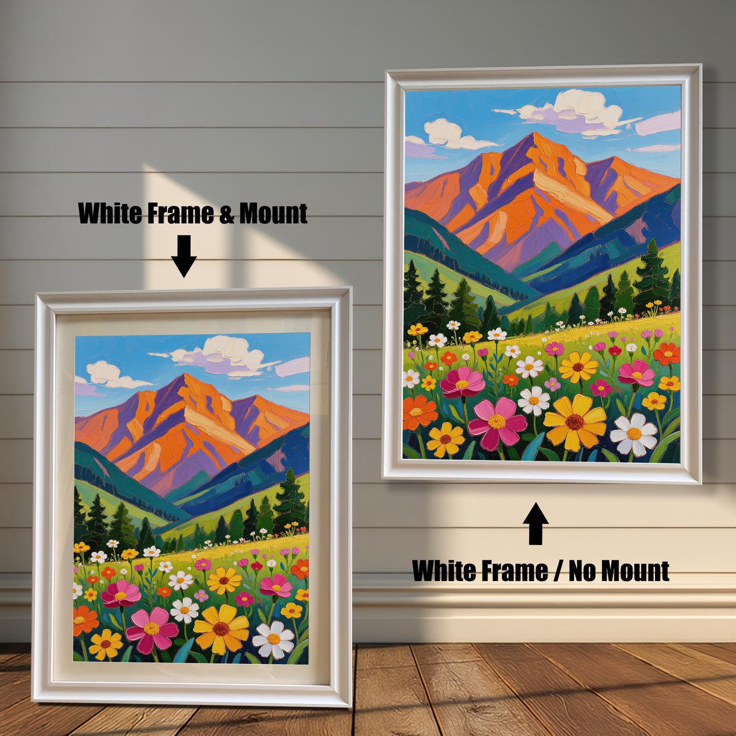A white-framed art print of a mountain landscape is shown in two styles: with a mount (mat) on the left and without a mount on the right.