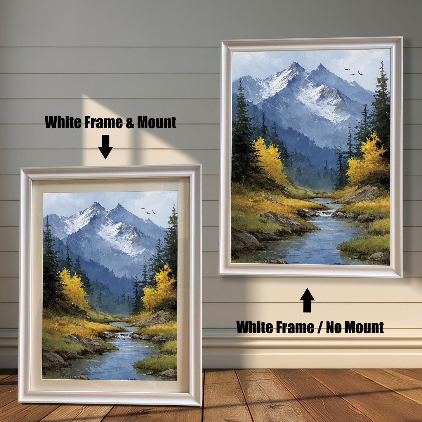 A white-framed art print of a mountain stream landscape is shown in two styles: with a mount (mat) on the left and without a mount on the right.