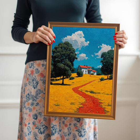 A person wearing a black shirt and a floral skirt holds up a framed painting of a landscape with a white house, a red path, and yellow fields. The frame is a light golden color.