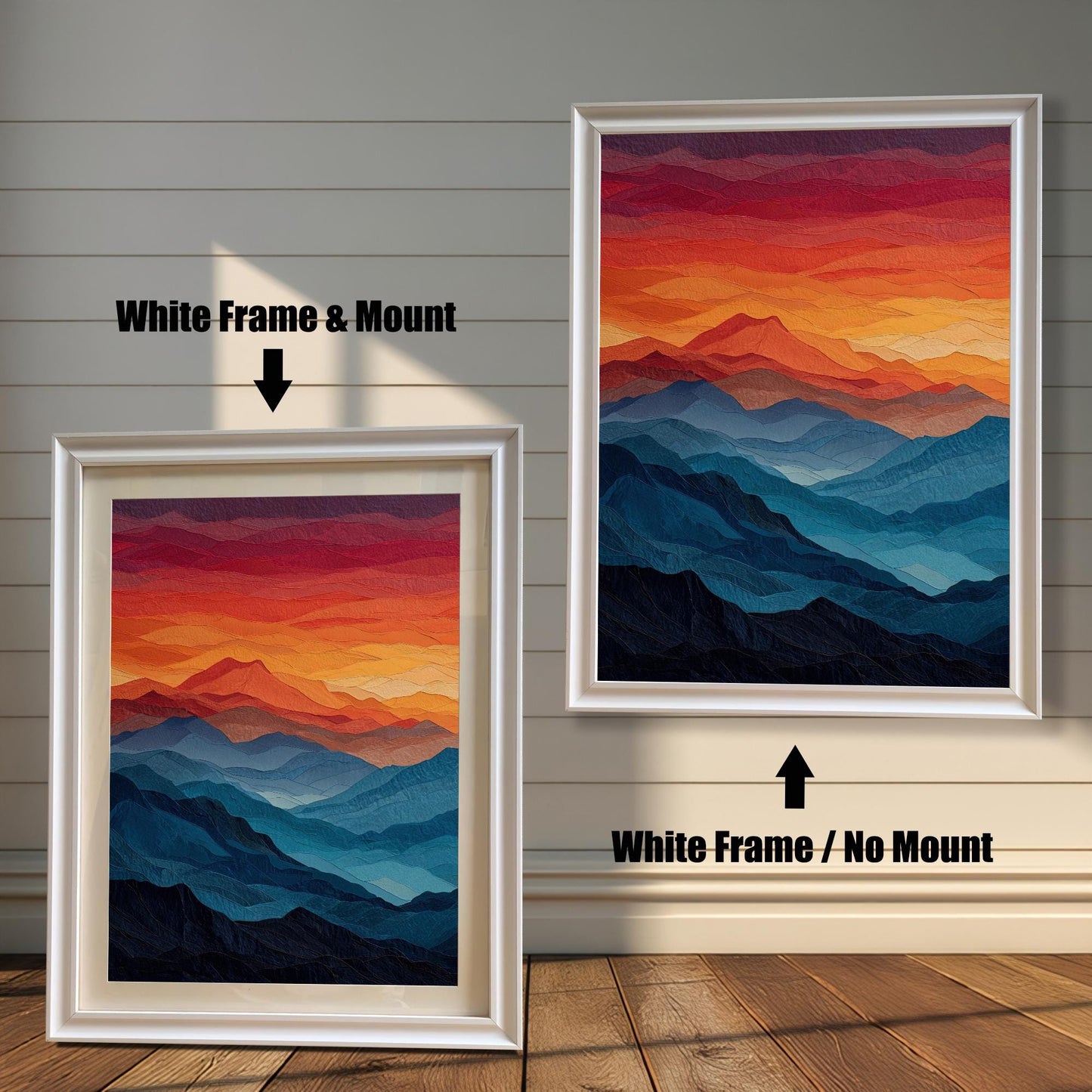 A side-by-side comparison of a mountain landscape painting with a white frame. The image on the left, labeled "White Frame & Mount," includes a white mat board. The image on the right, labeled "White Frame / No Mount," has no mat.