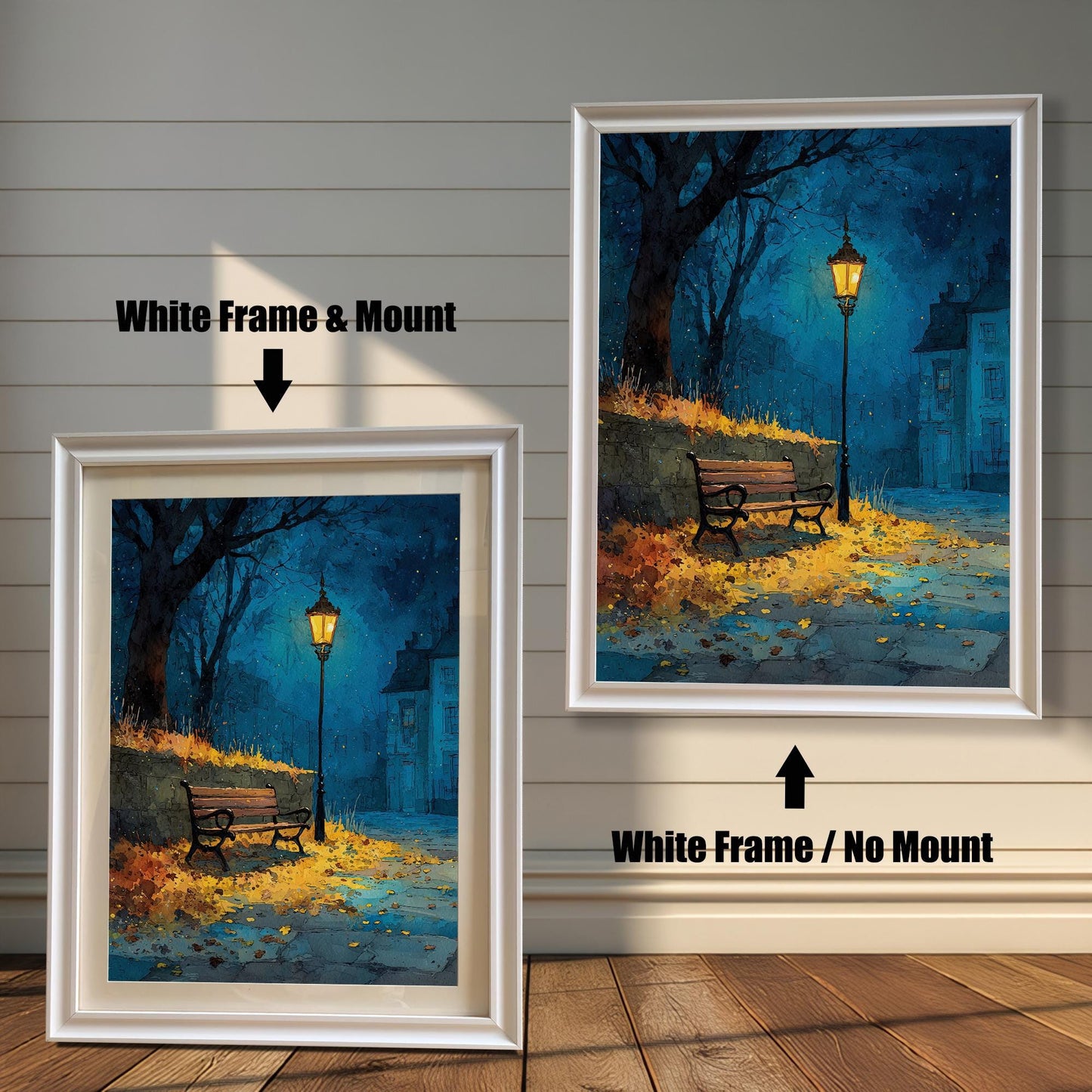 A painting of a dark street with a glowing lamppost and a bench. The left side shows the painting with a white frame and a mount, and the right shows it with a white frame and no mount.
