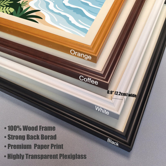 A stack of four wooden picture frame corners in different colors: orange, coffee, white, and black. The text notes that the frames are 0.9 inches wide and made of 100% wood.