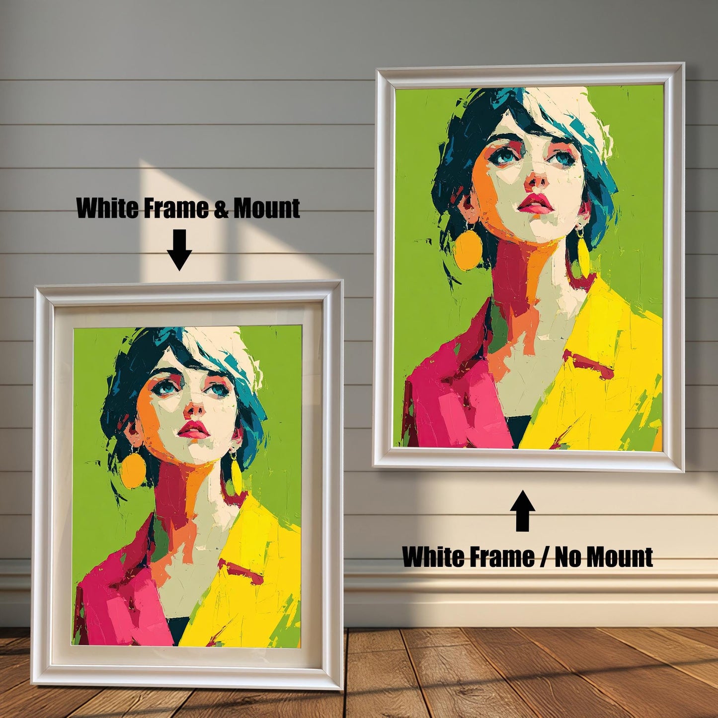 Two framed pop art prints of a woman in a yellow and pink jacket are shown. The left image is framed in white with a white mount, and the right is framed in white without a mount.
