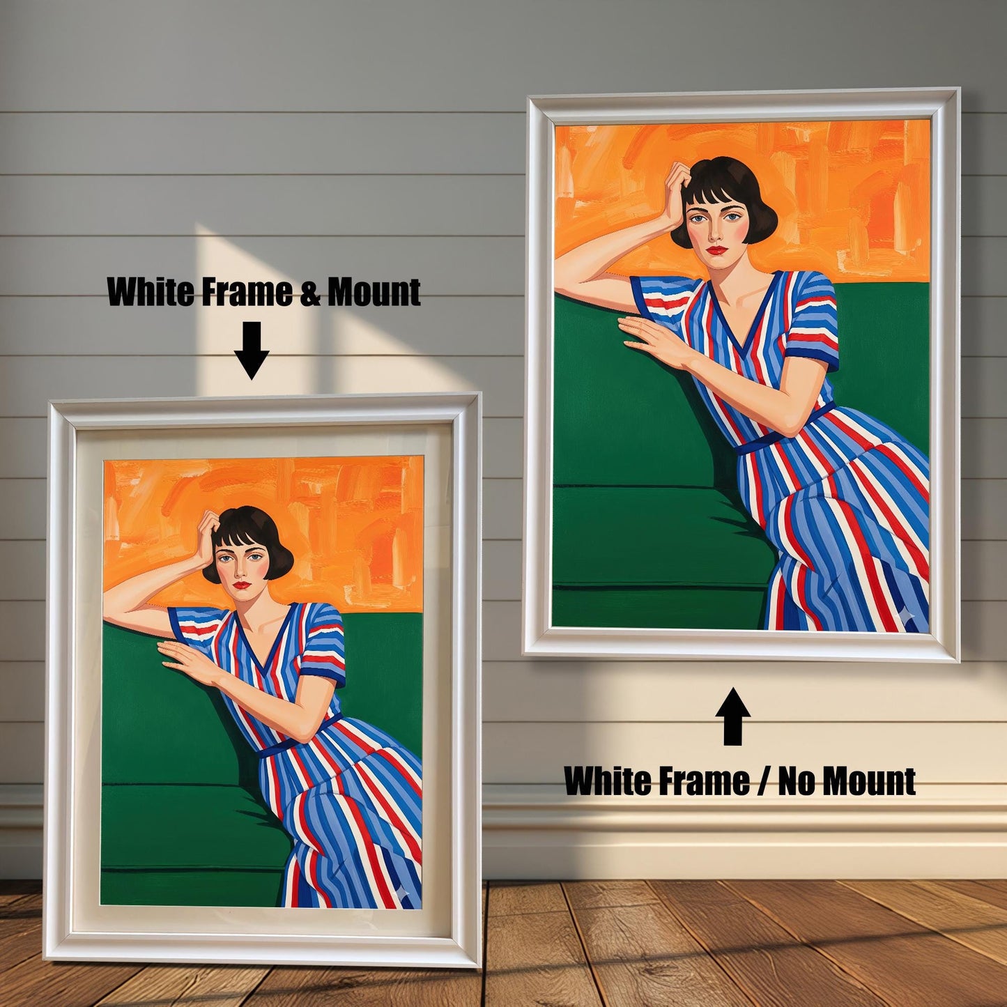 A comparison of two prints of a woman in a striped dress. Both prints are in a white frame, but one includes a mount, while the other is shown without.