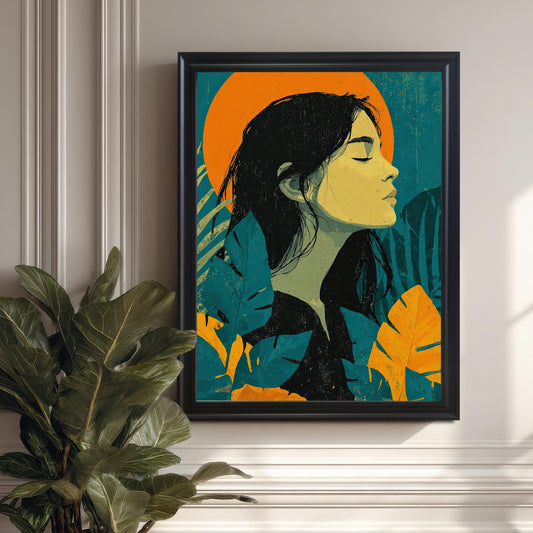 A modern art print of a woman's profile surrounded by tropical leaves and a large orange sun. The piece is framed in black and hangs on a paneled white wall next to a houseplant.