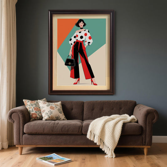 A framed art piece hangs on a dark gray wall above a brown couch. The print shows a stylish woman in a polka-dot blouse and red pants.