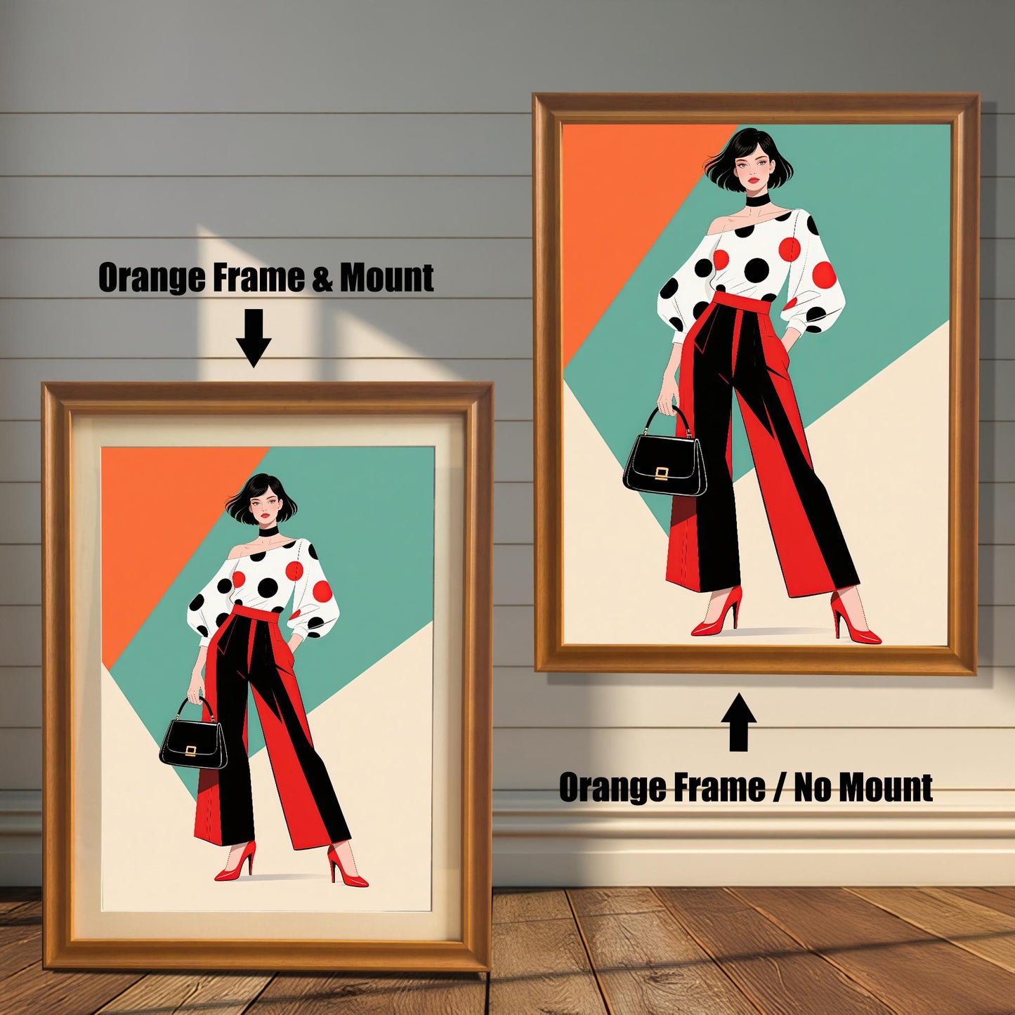 Two framed prints are shown side by side against a paneled wall. One is an "Orange Frame & Mount," and the other is an "Orange Frame / No Mount," showing the effect of a mat.