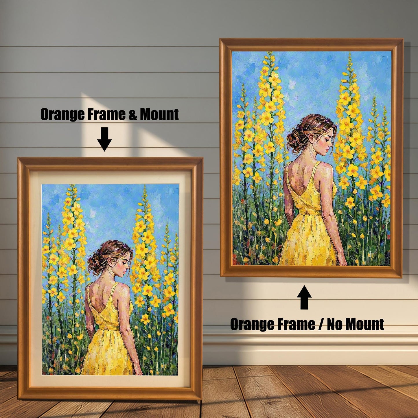 Two framed oil paintings of a woman in a yellow dress among flowers. The one on the left, labeled "Orange Frame & Mount," has an orange frame with a mat. The one on the right, labeled "Orange Frame / No Mount," has an orange frame with no mat.