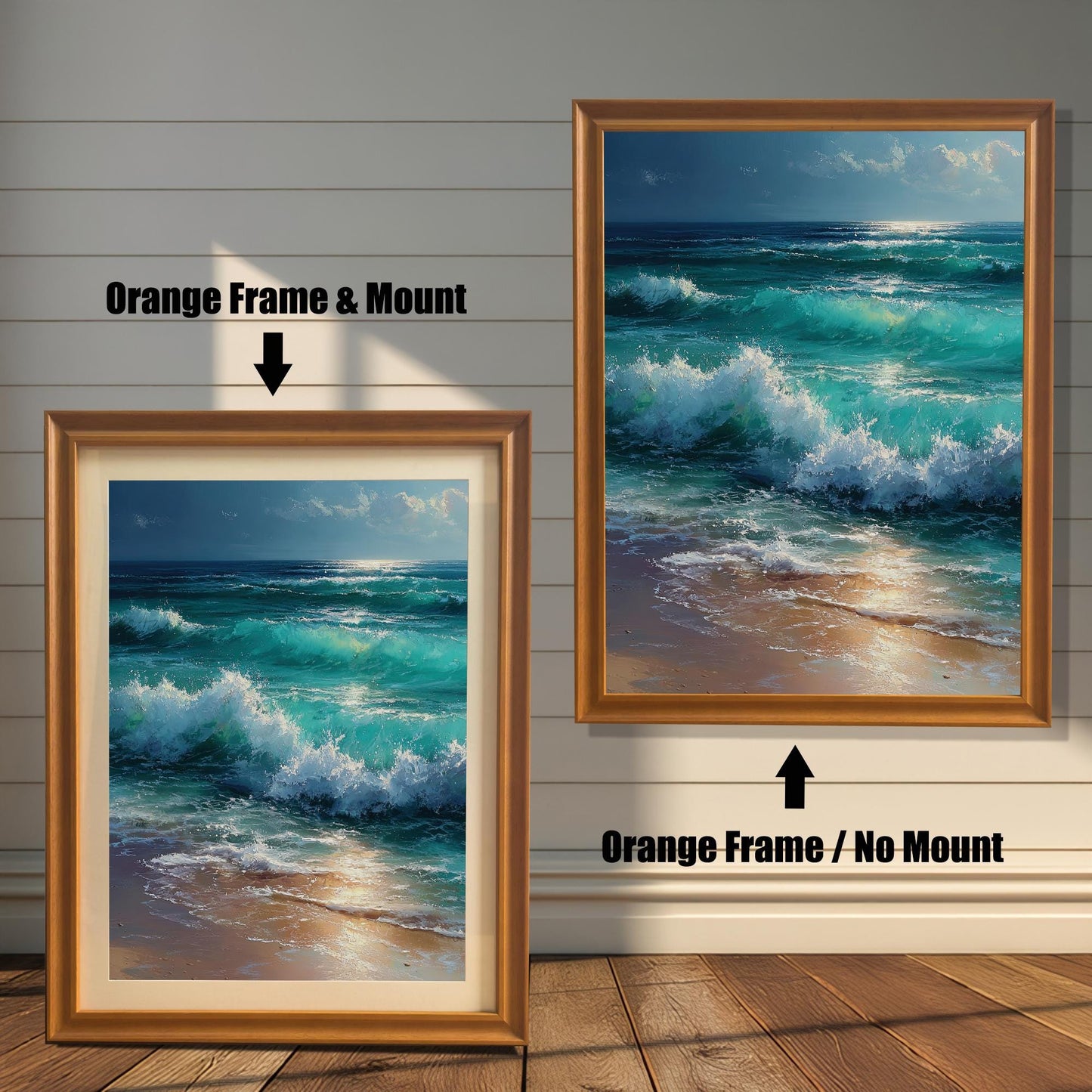 Two versions of a painting of ocean waves in an orange-brown frame. The one on the left has a mat, and the one on the right has no mat.