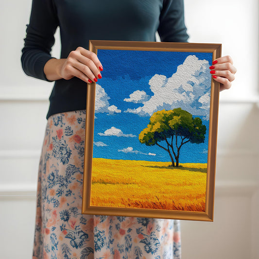 A person in a black long-sleeve shirt and a floral skirt holds an orange-brown wood-framed print of a tree in a field.