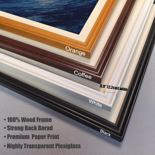 A close-up, stacked view of the corner of four different picture frames: orange, coffee, white, and black. A ruler indicates the frame width is 0.9 inches. Bullet points list features: "100% Wood Frame," "Strong Back Board," "Premium Paper Print," and "Highly Transparent Plexiglass."