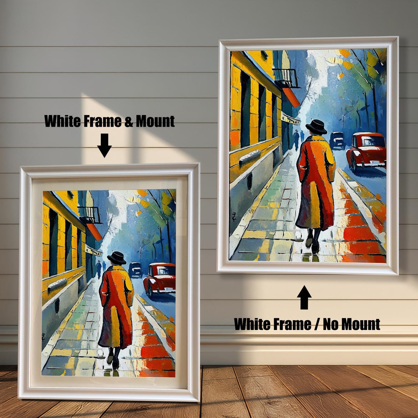 A side-by-side comparison of a framed surfing print with a mount and without a mount. Both prints are in a white frame. Text labels the images "White Frame & Mount" and "White Frame / No Mount."