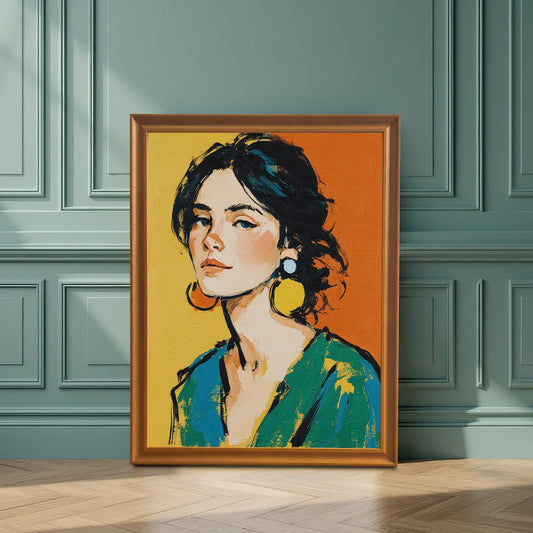 A framed art print of a woman with black hair and a serious expression leans on the floor against a paneled, teal-colored wall. The frame is a warm, orange-gold color.