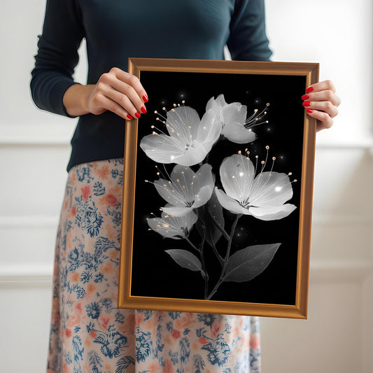 A person with red painted fingernails holds a framed painting of white flowers on a black background, showing the gold-toned frame.