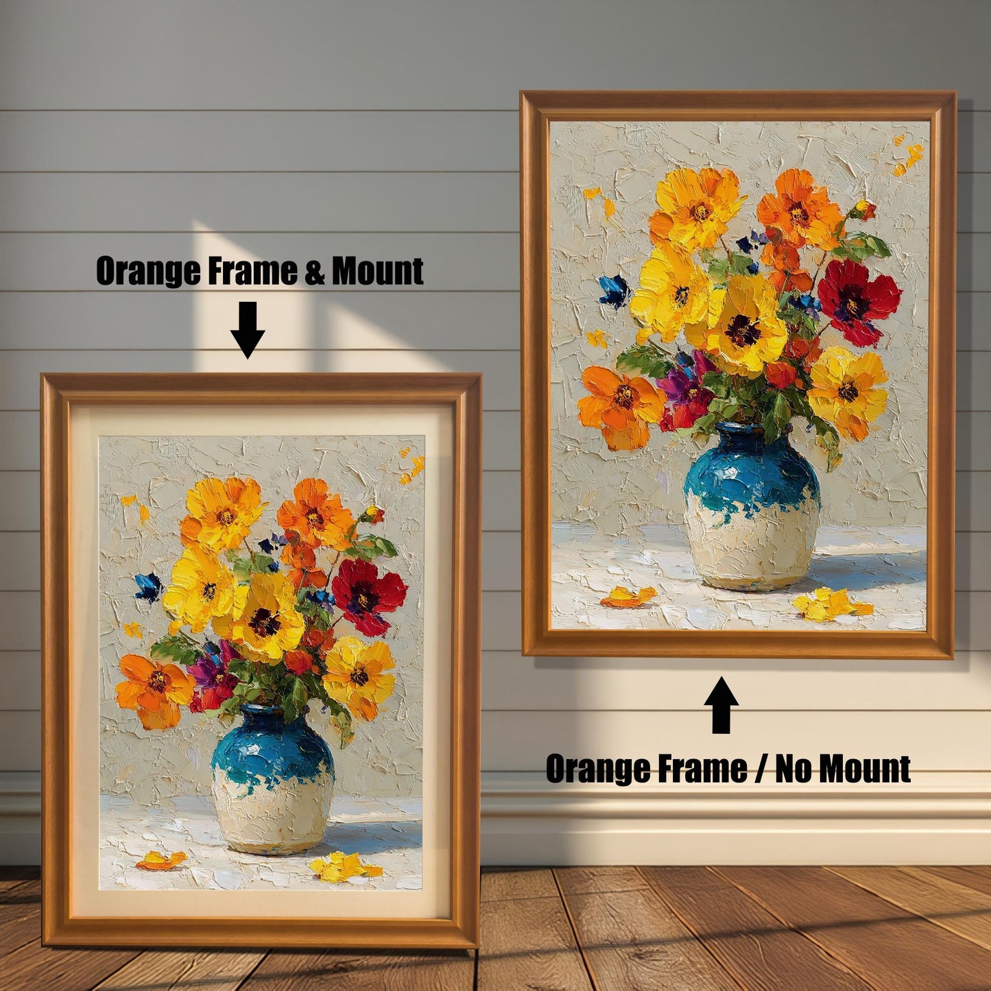 A side-by-side comparison of a framed painting of flowers in a vase. The left image shows an orange-colored frame with a mount (mat), and the right shows an orange-colored frame with no mount.