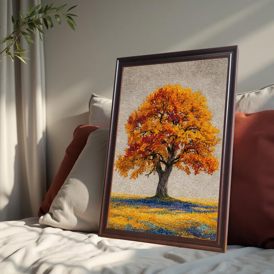 A framed painting of an autumn tree is propped up on a bed with several pillows. The frame is a dark, wood-like color.